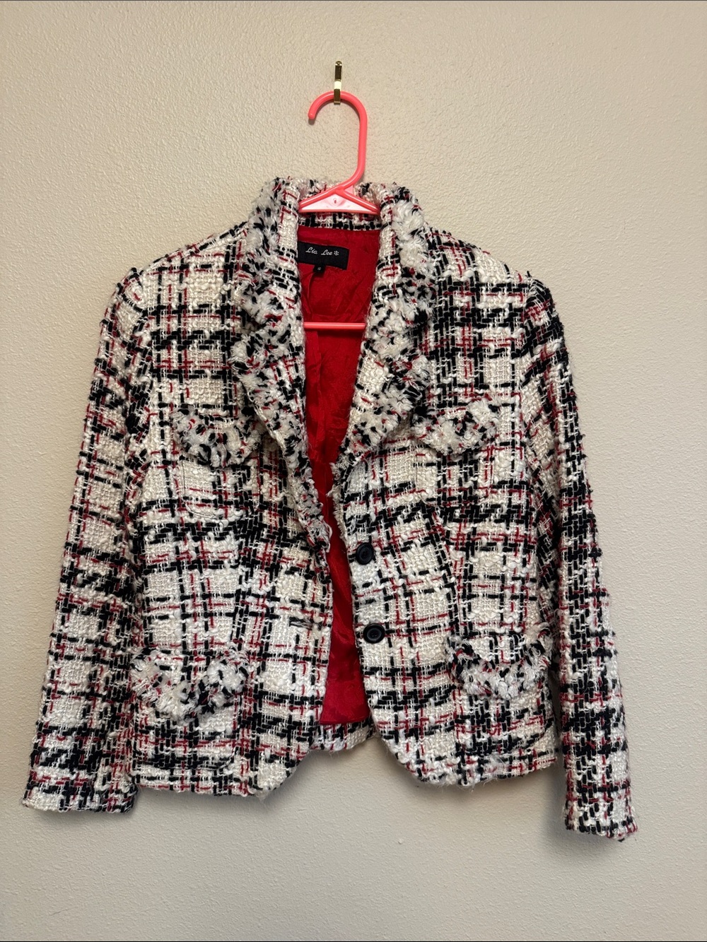 Textured Tweed Blazer Jacket - Red, Black & White